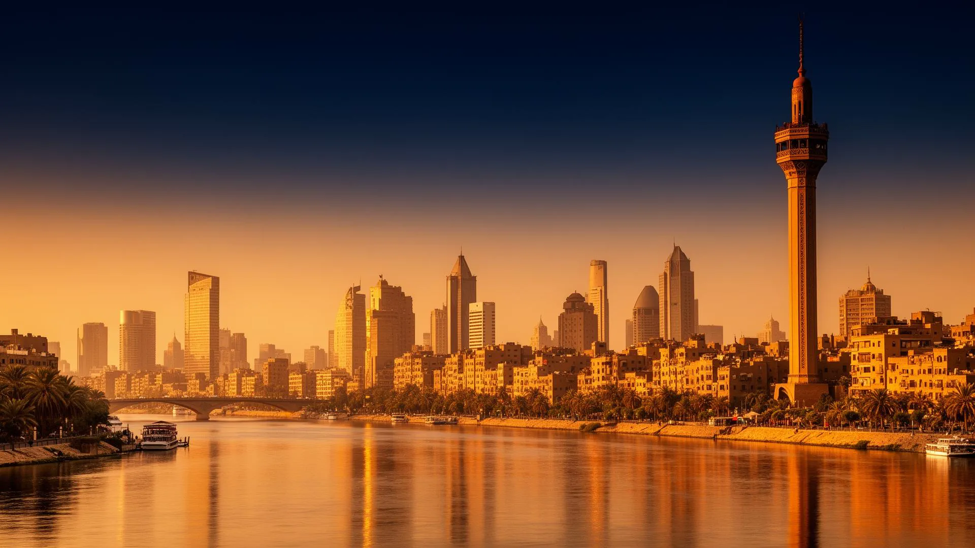 أفق القاهرة وبرج القاهرة فوق نهر النيل عند الغروب